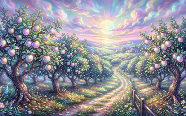 Dreamy 5K Ultra HD PC desktop wallpaper: a glowing apple orchard at sunrise, winding path through pastel clouds and fruit-laden trees.