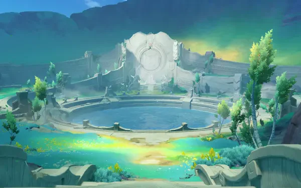 4K Ultra HD PC desktop wallpaper of video game Genshin Impact — Luna VIII: a serene circular ruin with a reflective pool bathed in teal and gold light, framed by broken stone and lush greenery.