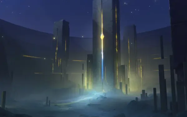 4K Ultra HD PC wallpaper of Genshin Impact Luna VIII: a glowing monolith rising from mist in a starlit, futuristic fantasy canyon.