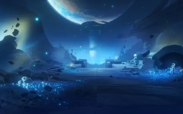 4K Ultra HD PC desktop wallpaper of Genshin Impact Luna VIII — ethereal blue lunar landscape with glowing flora, scattered ruins and a distant planet in a video game fantasy scene.