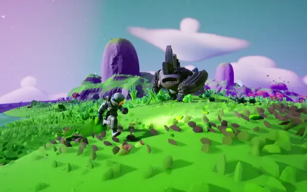 Starseeker: Astroneer Expeditions video game 2K Quad HD PC desktop wallpaper — astronaut on a vibrant alien plain with purple rock spires and a mysterious ruined structure beneath a teal sky.