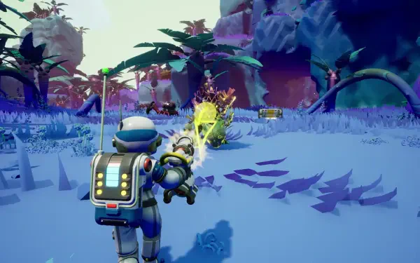 HD PC desktop wallpaper/background from the video game Starseeker: Astroneer Expeditions — an astronaut fires a yellow beam across a purple alien plain dotted with exotic plants and rock formations.