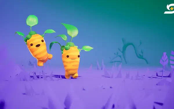4K Ultra HD PC desktop wallpaper from the video game Starseeker: Astroneer Expeditions — two carrot-like plant creatures with leaf crowns on a purple alien plain beneath a teal sky.