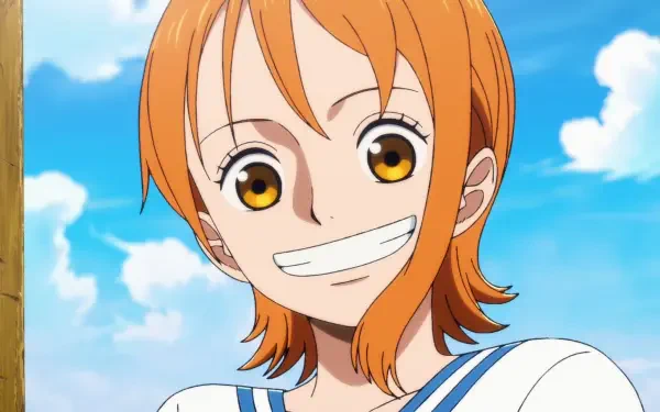 HD PC desktop wallpaper: anime close-up of Nami from One Piece smiling under a bright blue sky, orange hair, golden eyes, and sailor-style outfit.