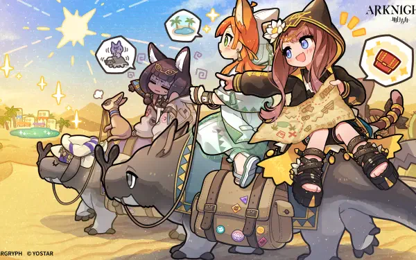 HD PC desktop wallpaper of Arknights: chibi operators riding armored beasts across a sunny desert, holding a map and treasure icons in colorful, playful video game art.