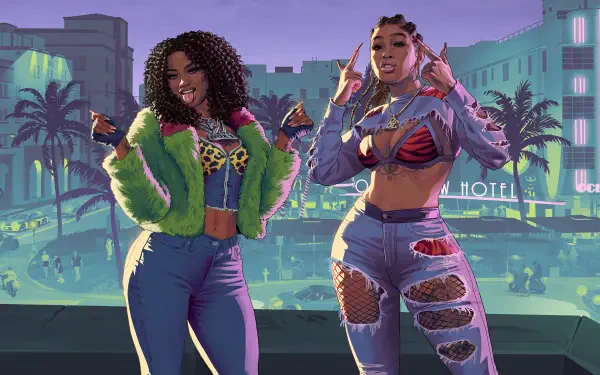 4K Ultra HD PC wallpaper: two stylized women on a balcony over a neon city — Grand Theft Auto video game art (Grand Theft Auto VI) featuring Real Dimez.