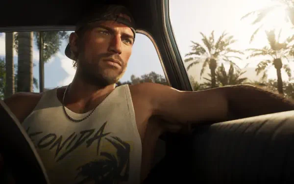 Video game scene: Jason Duval from Grand Theft Auto VI lounges in a car at sunset with palm trees outside — 4K Ultra HD PC desktop wallpaper/background.