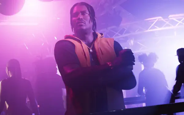 4K Ultra HD GTA VI desktop wallpaper showing DreQuan Priest in neon club lighting, arms crossed among silhouetted crowd — Grand Theft Auto video game background.