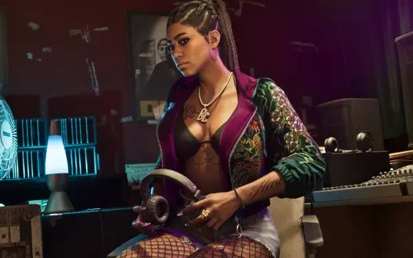4K Ultra HD PC wallpaper: video game Grand Theft Auto VI character Real Dimez — a bold woman in a recording studio, holding headphones amid neon-lit gear.