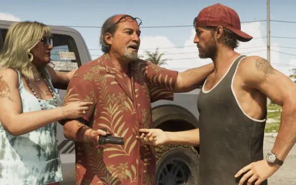 4K PC wallpaper (Grand Theft Auto VI): three characters argue by a pickup—Hawaiian‑shirted man gestures between a woman and a sleeveless, backward‑cap man. By Brian Heder.