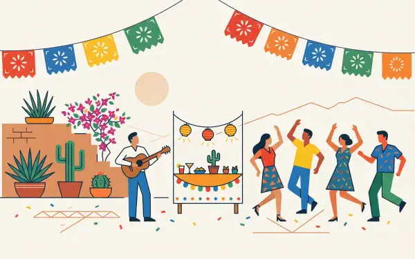 Fiesta scene 5K Ultra HD PC desktop wallpaper: colorful papel picado banners, guitarist, dancing couple, cacti and planters, a festive food stall and string lights.