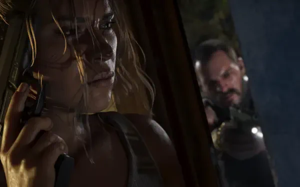 4K Ultra HD PC wallpaper of Lucia Caminos from the video game Grand Theft Auto VI: shadowed close-up of her in a car holding a phone while a gunman aims at her through the window.