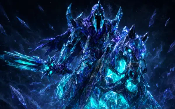 Abaddon (DotA 2) as a crystalline spectral knight on an armored steed, glowing blue shards and icy armor — 4K Ultra HD PC desktop wallpaper background.