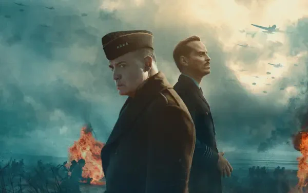 Pressure — 4K Ultra HD PC desktop wallpaper of two figures standing back-to-back in military-style dress under a stormy sky, aircraft above and fiery explosions on the distant horizon.