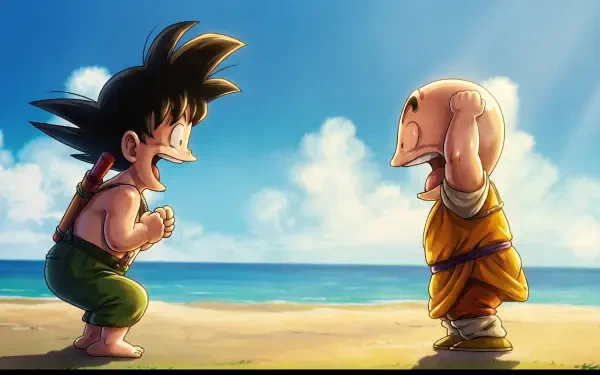 HD PC desktop wallpaper: Dragon Ball anime of kid Goku and Krillin smiling and facing each other on a sunlit beach with blue sky and ocean in the background.