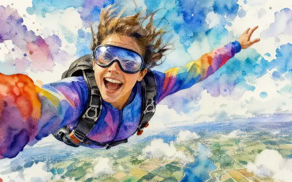 Colorful watercolor-style 4K Ultra HD PC desktop wallpaper/background of a joyful skydiver in goggles and rainbow suit, arms wide over patchwork fields and a vivid blue sky.