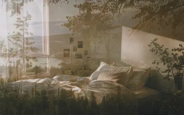 4K Ultra HD PC desktop wallpaper and background: sunlit cozy bedroom with rumpled bed, soft pillows and translucent trees overlay creating a dreamy double-exposure atmosphere.