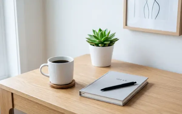 Clean 5K Ultra HD PC desktop wallpaper and background: minimalist wooden desk with coffee mug, potted succulent, notebook and pen by a sunlit window and framed line art.