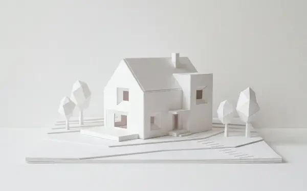 Clean minimalist 5K Ultra HD PC desktop wallpaper: white paper-model house and stylized trees on a soft white background.
