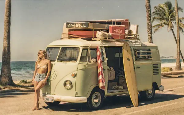 Vintage summer 4K Ultra HD PC desktop wallpaper and background: pastel VW camper van with surfboard, stacked luggage and a woman in swimsuit by a palm-lined beach road.