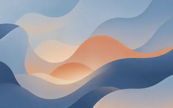 Abstract flowing layered waves in soft blues and peach, a minimal gradient landscape — 4K Ultra HD PC desktop wallpaper and background.