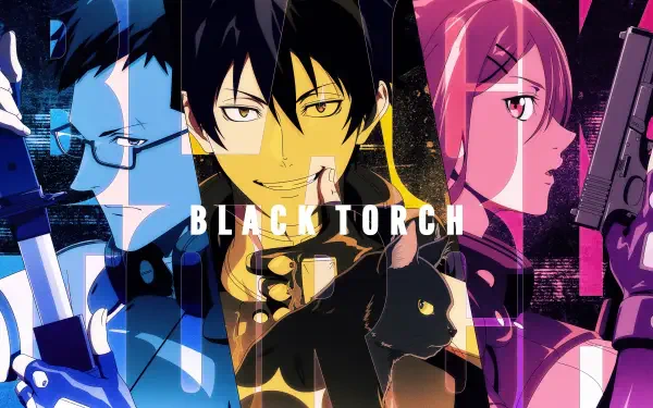 Anime Black Torch 2K Quad HD PC wallpaper featuring Jirou Azuma, Ichika Kishimojin and Reiji Kirihara in bold split-color panels with a black cat.
