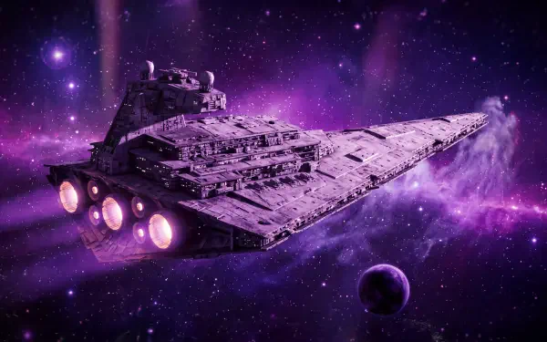 Star Destroyer gliding through a purple nebula, glowing thrusters and a distant planet — 5K Ultra HD PC desktop wallpaper and background.