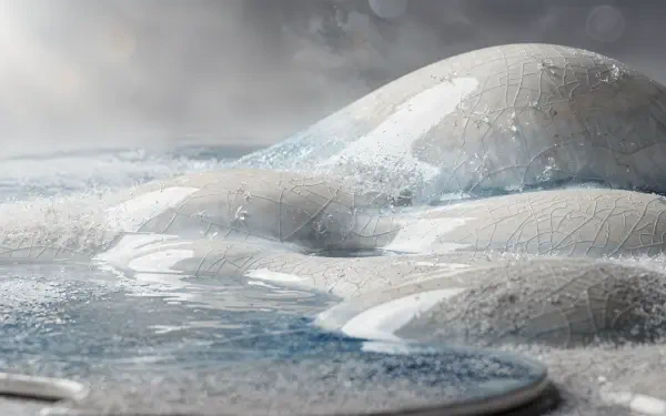 Smooth cracked white ice domes and reflective frozen pools beneath a pale sky — 4K Ultra HD PC desktop wallpaper and background.