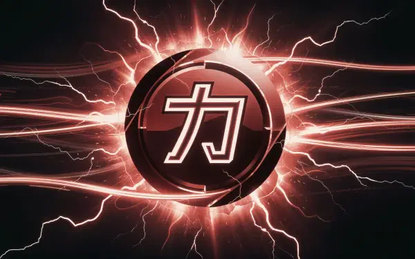 Japanese logo — glowing red orb with the kanji 力 at its center, surrounded by electric lightning bolts; 4K Ultra HD PC desktop wallpaper background.