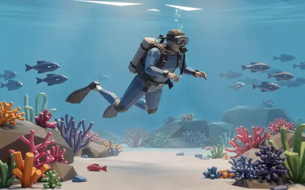 Scuba diver exploring a colorful coral reef with fish in clear blue water — 4K Ultra HD PC desktop wallpaper/background