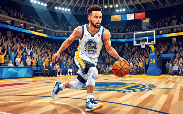 5K Ultra HD PC desktop wallpaper — stylized illustration of a Golden State Warriors guard dribbling toward the basket in a packed arena, dynamic pose, vivid colors and arena lighting.