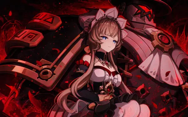 Sandrone (Genshin Impact) in crimson mechanical ruins, doll-like with twin tails, gothic dress and looming clockwork arms — 4K Ultra HD PC desktop wallpaper