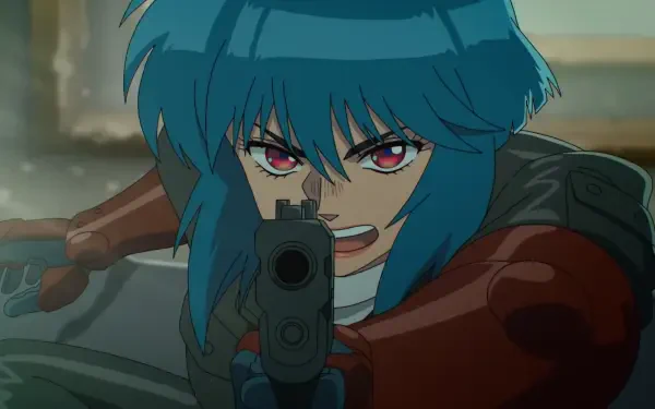 Blue-haired cyborg aims a handgun with a fierce glare; anime HD PC desktop wallpaper and background from The Ghost in the Shell (2026).