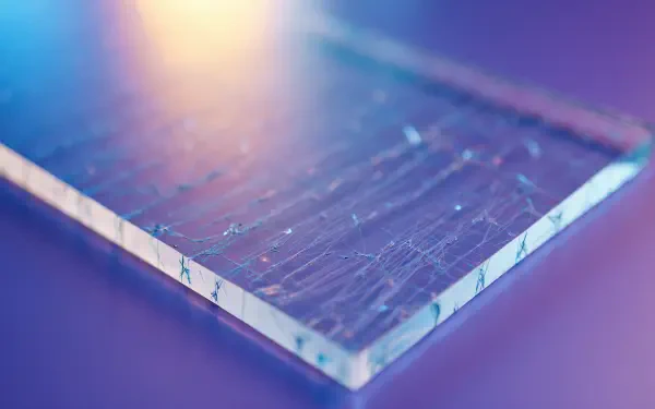 Close-up of a scratched glass edge with soft purple-blue bokeh and gradient glow, glassmorphism aesthetic — 5K Ultra HD PC desktop wallpaper and background.