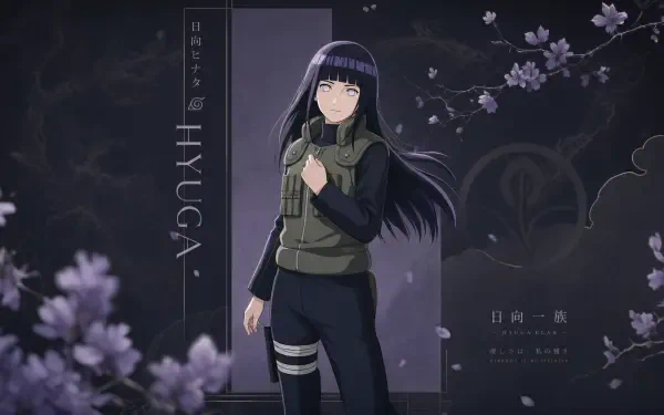 Hinata Hyuga standing among purple blossoms and soft moonlight, moody night scene — 4K Ultra HD PC desktop wallpaper background.