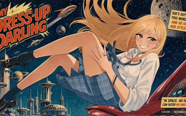 My Dress-Up Darling 4K Ultra HD PC desktop wallpaper: cheerful blonde in a school uniform lounging above a retro sci‑fi cityscape under a starry sky.