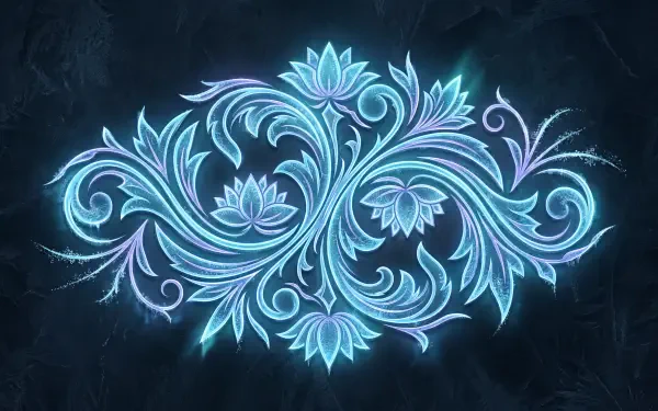 Glowing blue vector flourish with stylized lotus and swirling leaves on a dark textured backdrop — 5K Ultra HD PC desktop wallpaper and background.