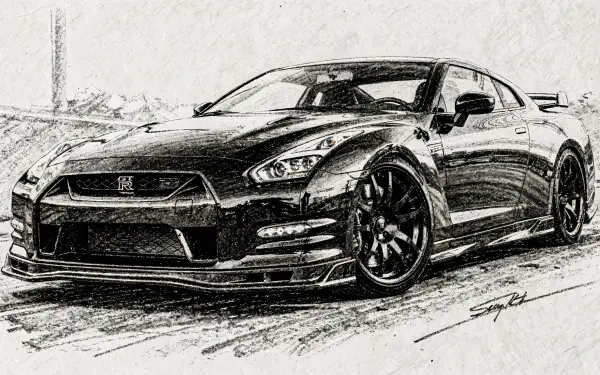 Black-and-white sketch of a Nissan GT-R sports car, rendered as a high-detail 4K Ultra HD PC desktop wallpaper and background.