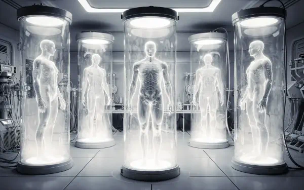 Human Cloning: five translucent humanoid figures suspended in illuminated cylindrical pods inside a sterile lab, 4K Ultra HD PC desktop wallpaper and background.