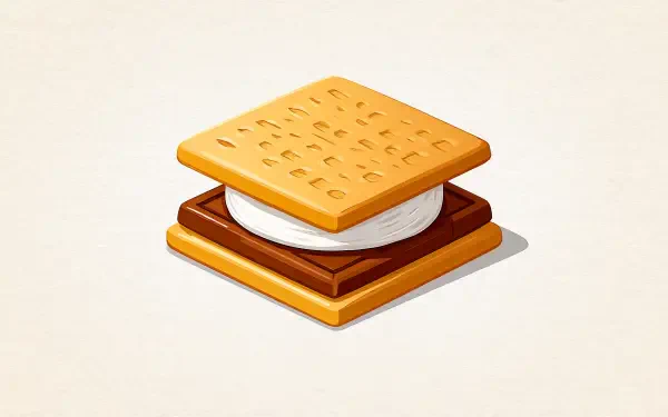 S'mores 5K Ultra HD PC desktop wallpaper and background: stylized golden graham crackers layered with melted chocolate and a fluffy marshmallow on a soft cream backdrop.