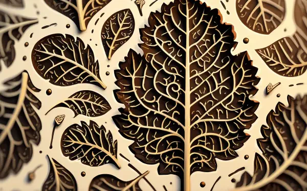 Intricate carved kale leaves in sepia tones with detailed veins and layered cutouts — 5K Ultra HD PC desktop wallpaper and background.