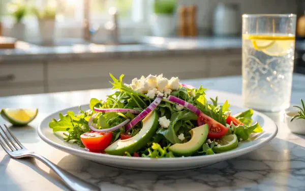 5K Ultra HD PC desktop wallpaper: a fresh healthy-eating salad with arugula, avocado, cherry tomatoes, red onion and feta on a marble countertop beside a glass of lemon water.