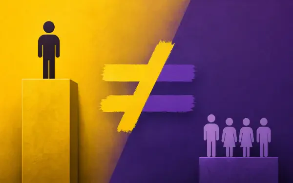 4K Ultra HD PC desktop wallpaper and background depicting inequality: lone figure on a tall yellow pedestal opposite a group on a lower purple pedestal, separated by a bold not-equal sign.