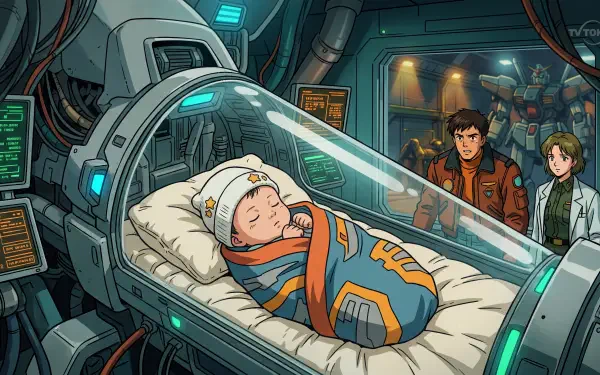 5K Ultra HD PC desktop wallpaper and background: newborn swaddled in a futuristic incubator under a clear dome, two adults watch in a sci‑fi medical bay.