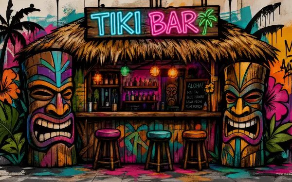 Vibrant 4K Ultra HD PC desktop wallpaper & background showing a neon tiki bar mural: straw-roofed bar, glowing Tiki Bar sign, bold tiki masks, stools and lush tropical foliage.