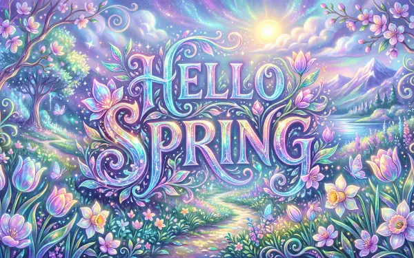 5K Ultra HD PC desktop wallpaper: ornate Hello Spring text in a pastel floral scene with tulips, glowing sun, winding path and whimsical trees.