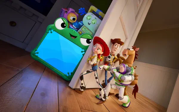 Toy Story 5, Toy Story 4K Ultra HD PC desktop wallpaper/background: Woody, Jessie, Buzz Lightyear and Bullseye peek around a door while three-eyed green aliens crowd a glowing blue screen.