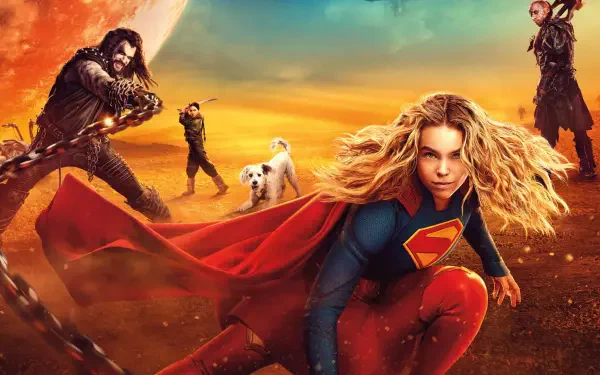 Supergirl (2026) crouches with her red cape billowing against a golden-orange sunset, allies and a white dog in the distance — 4K Ultra HD PC desktop wallpaper/background.