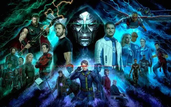 4K Ultra HD PC desktop wallpaper Avengers: Doomsday — Avengers and allies arrayed beneath a towering Doctor Doom amid blue-green lightning and crackling energy