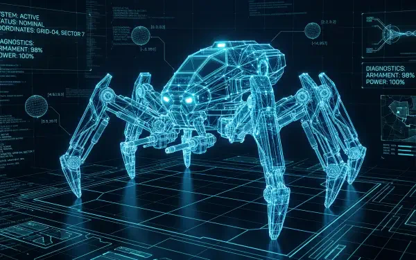 5K Ultra HD PC desktop wallpaper of a glowing blue wireframe spider mech with technical HUD overlays on a holographic grid background.